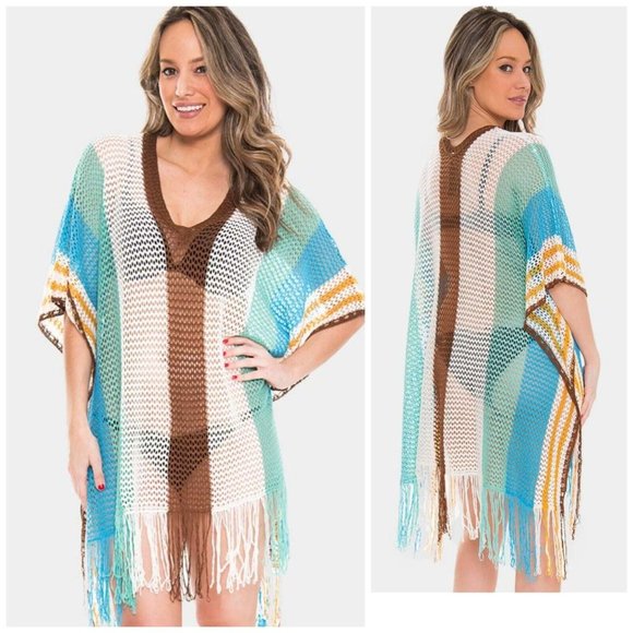 Cupshe Bohemian Striped V-neck Cape Sleeve Fringed Crochet Dress Beach Cover Up - Picture 1 of 10